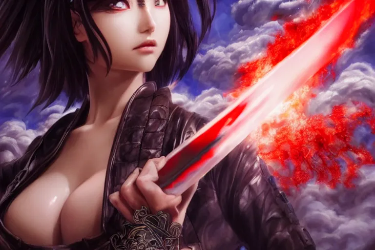 Prompt: beautiful girl holding a ego sword with red eye imprint at the top of clouds, extremely detailed and beautiful aesthetic face, seductive pose, super detailed eyes, highly detailed, digital painting, highlight scene of the movie, smooth, illustration, unreal engine 5, 8 k, art by hiroaki samura and jiro matsumoto and yusuke murata