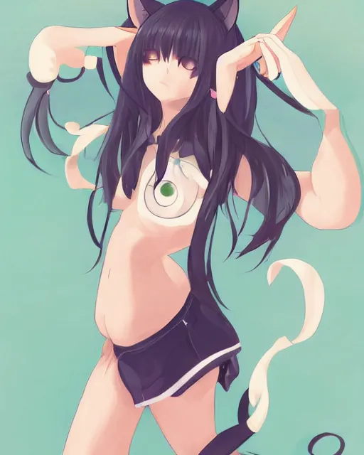 Prompt: catgirl goddess anime girl with cat ears. Full body portrait, smooth skin, symmetrical face, beautiful body, in the style of wlop, Rossdraws