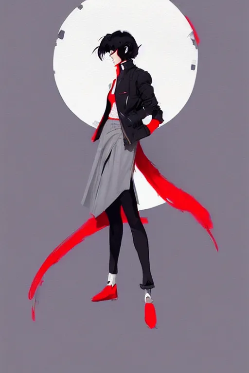 Image similar to a ultradetailed painting of a stylish woman wearing a grey jacket with red skirt, by conrad roset, greg rutkowski and makoto shinkai trending on artstation