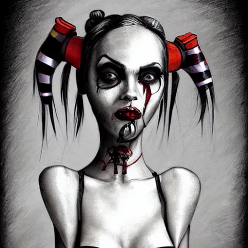 Prompt: surrealism grunge cartoon portrait sketch of Harley Quinn, by michael karcz, loony toons style, freddy krueger style, horror theme, detailed, elegant, intricate