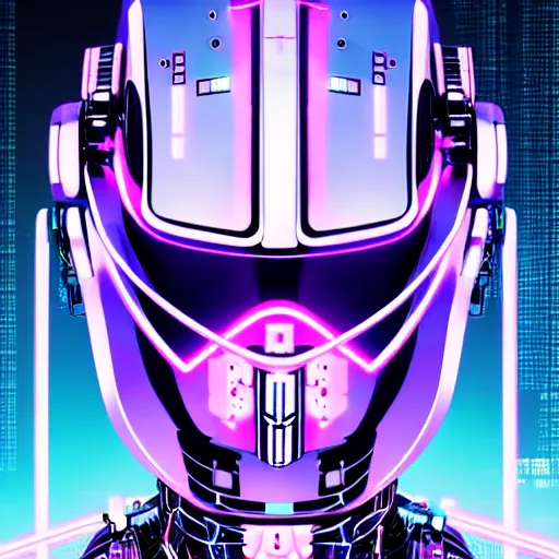 Image similar to Head of a robot with purple glowing eyes in cyberpunk neon Tokyo in style of Tsutomu Nihei. Cyberpunk, vertical symmetry, 8K, Highly Detailed, Intricate.