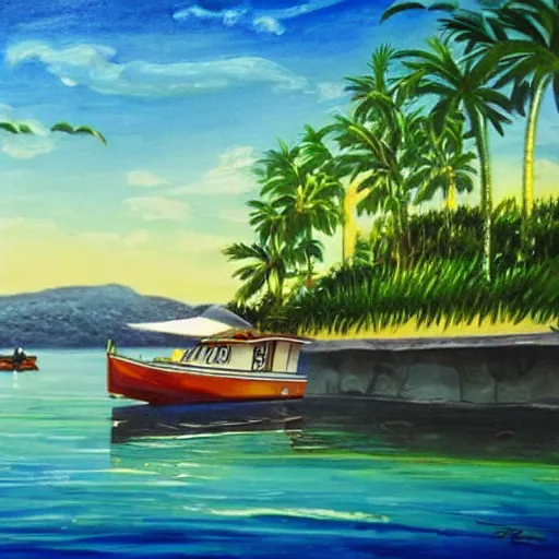 Image similar to a beautiful painting of a boat leaving the dock for paradise.