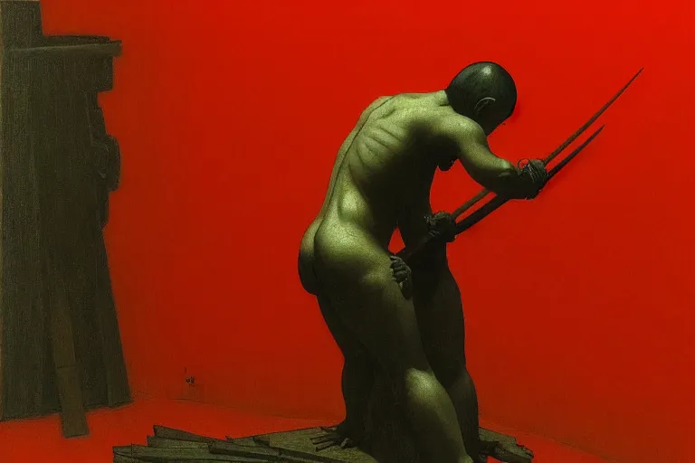 Image similar to only with red, a red samurai do seppuku, tokio, a lot of frogs watch, in the style of beksinski, parts by edward hopper, parts by rodcenko, parts by yue minjun, intricate and epic composition, red by caravaggio, insanely quality, highly detailed, masterpiece, red light, artstation, 4 k