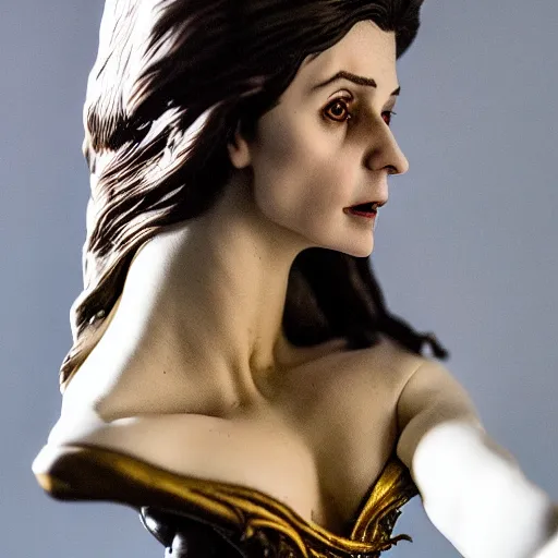 Image similar to photo taken of an epic intricate, ultra detailed, super realistic bust of a majestic gracious regal aristocratic brunette female vampire created by weta workshop, menacing, some zoomed in shots, photorealistic, sharp focus, white wall, extremely cold blueish colour temperature, 3 5 mm, f 1. 4, golden ratio