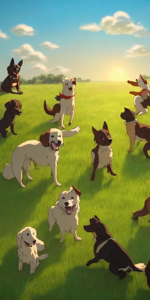 Prompt: a group of dogs playing in a field, studio ghibli style lighting, highly detailed, trending on artstation.