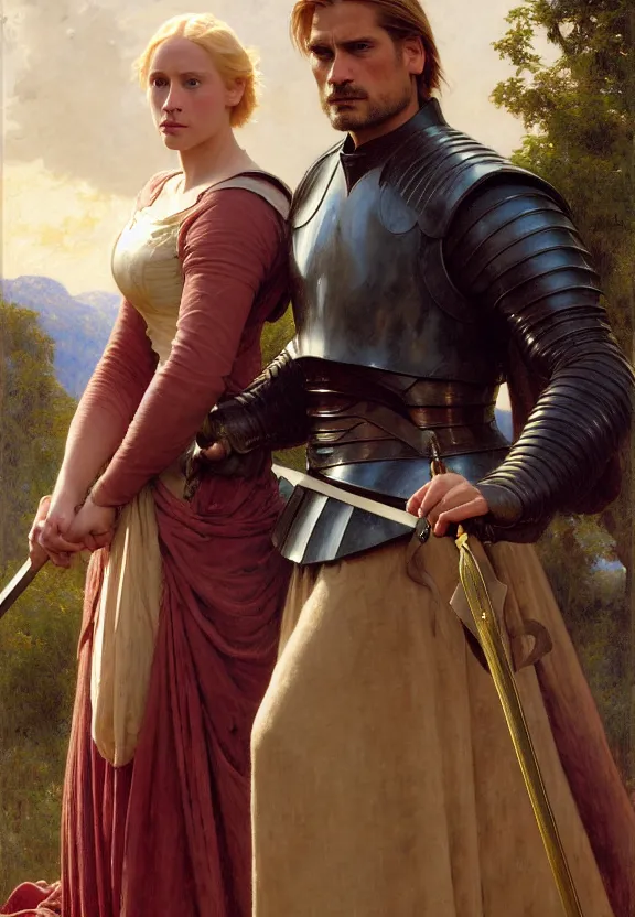 Image similar to attractive handsome fully clothed jaime lannister confesses his love for attractive fully armored brienne of tarth. centered composition. arthurian mountain and forest background. highly detailed painting by gaston bussiere and j. c. leyendecker and william adolphe bouguereau and fra angelico and octane render, musee d'orsay 8 k