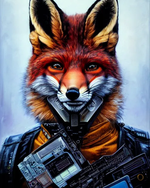 Image similar to a portrait of a muscular anthropomorphic cyberpunk fox by sandra chevrier, by jon foster, detailed render, pistol in holster, tape deck, epic composition, cybernetics, 4 k realistic, cryengine, realistic shaded lighting, sharp focus, masterpiece, by enki bilal