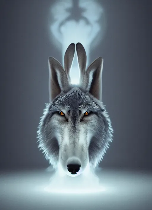 Image similar to A wolf in love with a rabbit, anime, detailed, symmetric lights and smoke, symmetrical composition, cinemática, hyper realism, 8k, octane render, 8k