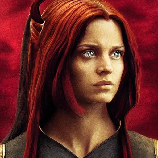 Image similar to a still from “ lord of the rings ” of a head and shoulders portrait of a female red - skinned winged tiefling warlock, photo by phil noto