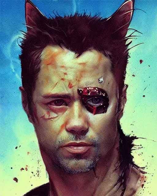 Image similar to cat in fight club, cat tyler durden, airbrush, drew struzan illustration art, by greg rutkowski key art, movie poster