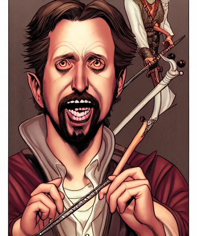 Image similar to a ( fantasy comic ) ( cover art ) portrait of a clueless bard who looks like ( tom green ), digital illustration by jenny frison and sana takeda and kentaro miura, fine inking lines, dnd, highly detailed!, hd, 4 k, trending on artstation