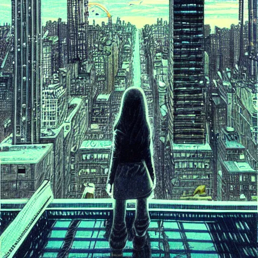 Prompt: “ a girl on a ledge overlooking futuristic new york city, ghostpunk, dark rain clouds, extreme detail, by moebius ”