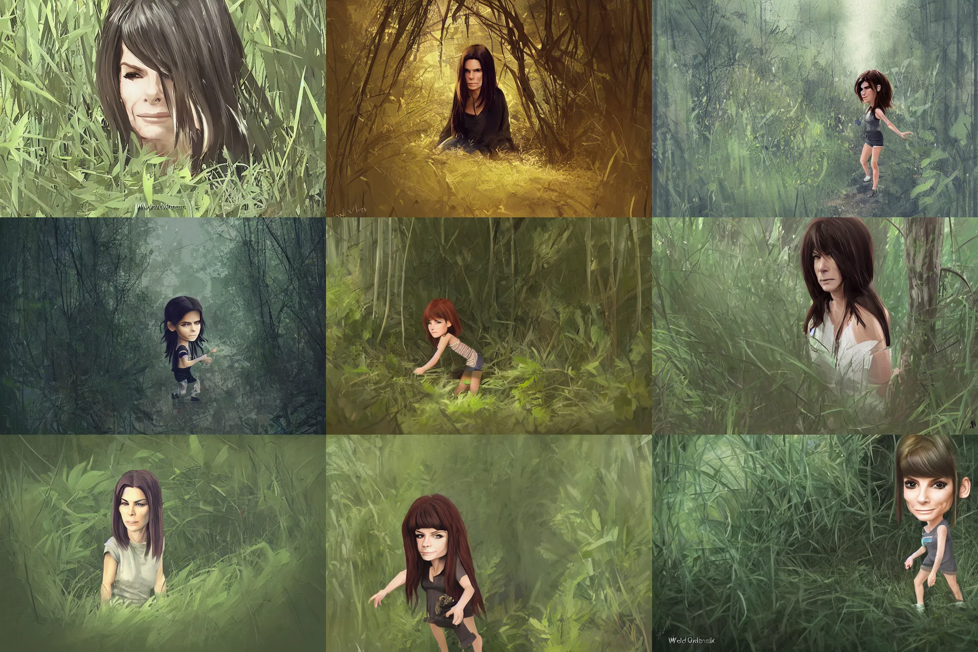 Prompt: chibi Sandra Bullock sneaking through underbrush created by WLOP