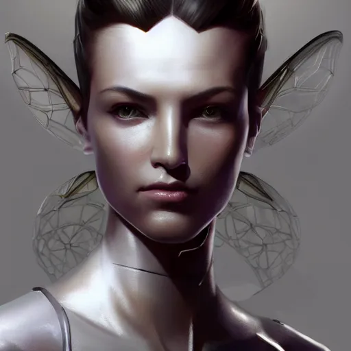 Image similar to masterpiece!!!! portrait of a futuristic android, science fiction, smooth technology, smooth body, fairy wings, intricate, headshot, highly detailed, digital painting, trending on artstation, concept art, sharp focus, cinematic lighting, illustration, art by masamune shirow and greg rutkowski, cgsociety