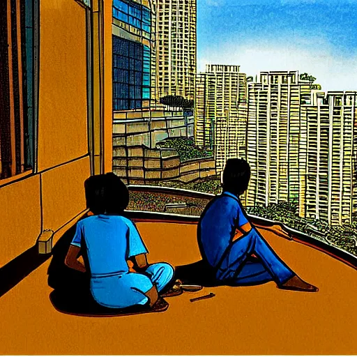 Prompt: art of two singaporean students in uniform sitting on the roof of a hdb flat, by moebius