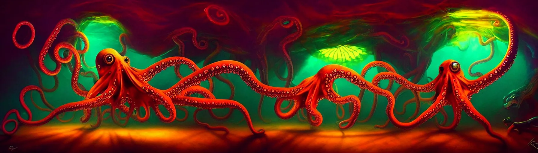 Prompt: strange cephalopod creatures from the depths of the imaginal realm, dramatic lighting, surreal darkly colorful painting by ronny khalil