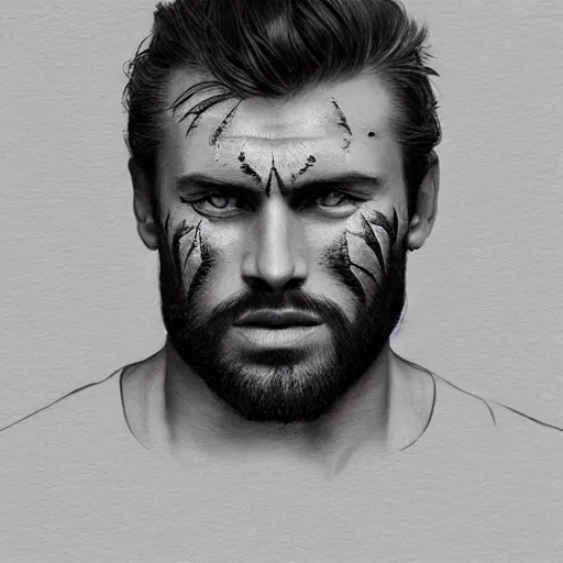 Prompt: Beautiful face Portrait of very manly Gigachad with big jaws, face painting on grey scale face, powerful , magic, thunders, dramatic lighting, intricate, wild, highly detailed, digital painting, artstation, concept art, smooth, sharp focus, illustration, art by artgerm and greg rutkowski and alphonse mucha, footage from space camera