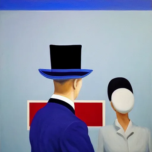 Image similar to in an art gallery, there is a huge painting of carmen herrera blue with white line. a man in a top hat and a suit iadmiring the painting. cgsociety, surrealism, surrealist, dystopian art, purple color scheme