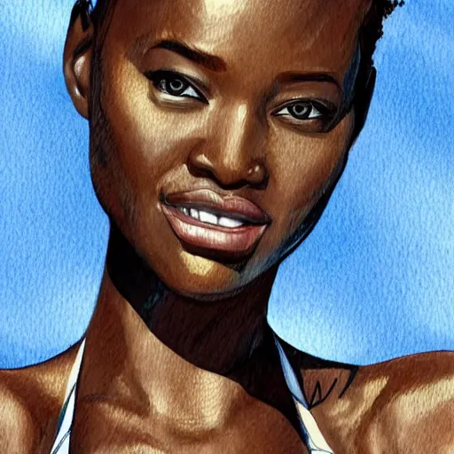 Prompt: a perfect, realistic professional digital sketch of a African woman in racing one-piece swimsuit, close-up, style of Marvel, by pen and watercolor, by a professional American senior artist on ArtStation, a high-quality hollywood-style sketch, on high-quality paper