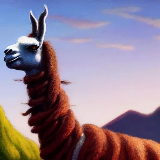 Image similar to llama with dreadlocks, realistic creature concept, heroic pose, by Edward Hopper, 4k, artstation
