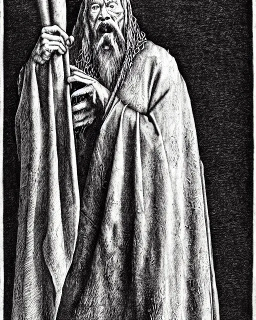 Prompt: old mage, full body shot, hyper realism, fine details, deviantart artstation, extremely detailed, black and white, very sharp, in the style of albrecht durer, etching,