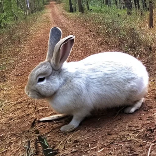 Prompt: fat rabbit smoking a cigarette, trail cam footage