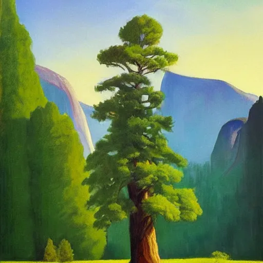 Image similar to a beautiful painting of a sequioia tree in the middle of yosemite valley in the style of edward hopper