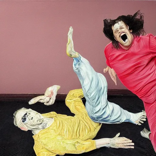 Image similar to high quality high detail painting of todd solondz portrait, tripping on lsd, showing strong fear, by lucian freud and francis bacon, hd, photorealistic lighting