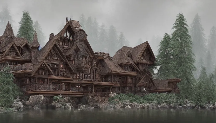 Image similar to Humongous wooden castle build in a forest near of a lake, grey sky, hyperdetailed, artstation, cgsociety, 8k