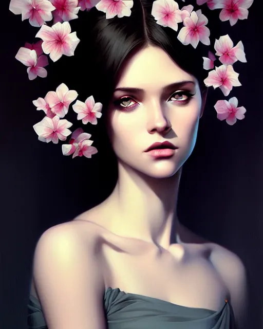 Prompt: stylized portrait of an artistic pose, composition, dark mysterious young lady, cinematic moody colors, ivy, flowers, one single head, realistic shaded, fine details, realistic shaded lighting poster by ilya kuvshinov, magali villeneuve, artgerm, jeremy lipkin and michael garmash and rob rey