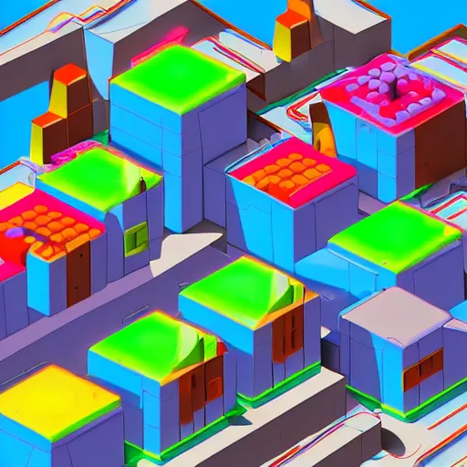 Image similar to futuristic city on a mountainside, colorful city, q - bert blocks, colorful blocks on hillside, 3 d blocks, cel - shading, cel - shaded, 2 0 0 1 anime, bright sunshine