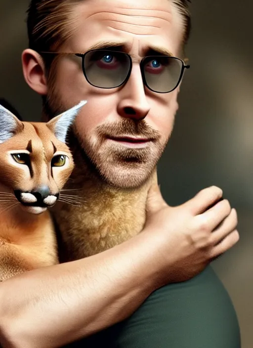 Image similar to Ryan Gosling holds a caracal cat in his hands, ultra highly detailed, elegant, artstation, octane render,