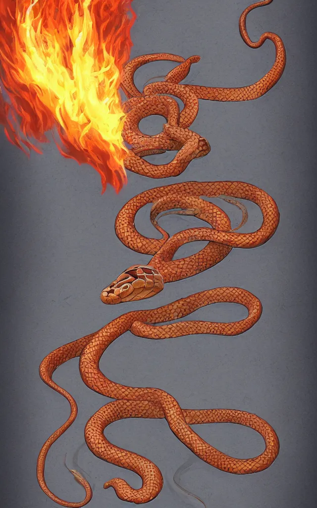 Image similar to a snake wrapped around a flaming sword, digital art.