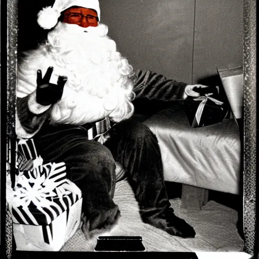 Prompt: 1972 polaroid flash photo of Santa Claus surprised on Christmas Eve