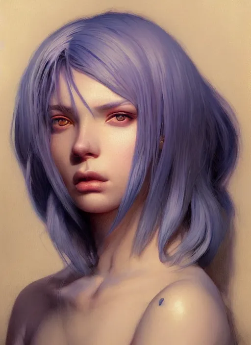 Prompt: girl with unkempt blue hair, beautiful highly detailed face, complementary lighting, backlit, eyeshadow, divine, beautiful painting by artgerm and greg rutkowski and raymond swanland