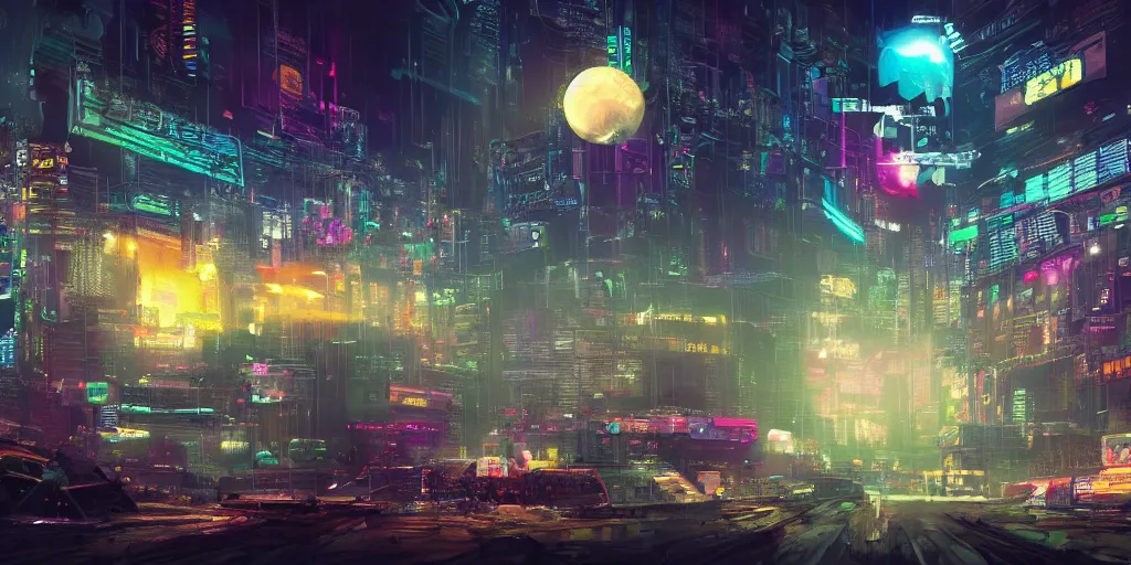 Image similar to a cinematic composition depicting : a computer run degrading cyberpunk world, on top of the mountain a mysterious neural network is using its transformative energy to transition to a hopeful to lush solarpunk civilization