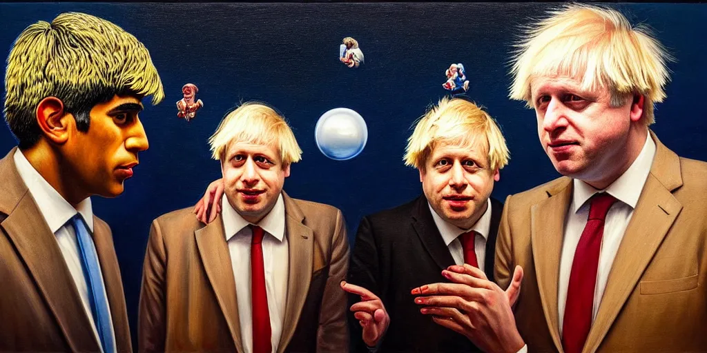 Image similar to rishi sunak and boris johnson in heaven, abstract oil painting by gottfried helnwein pablo amaringo raqib shaw zeiss lens sharp focus high contrast chiaroscuro gold complex intricate bejeweled