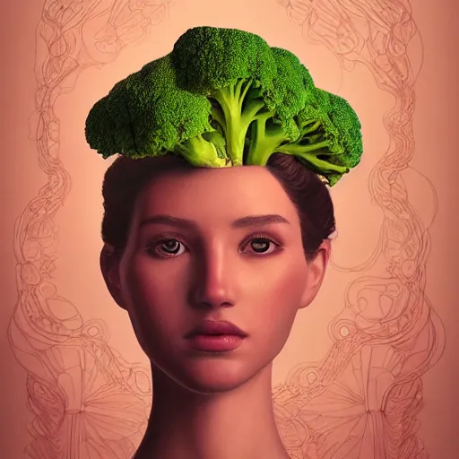 Image similar to the portrait of an unbelievably beautiful, elegant, and sophicated young woman partially made of broccoli looking up, an ultrafine detailed illustration by james jean, intricate linework, bright colors, final fantasy, behance contest winner, vanitas, angular, altermodern, unreal engine 5 highly rendered, global illumination, radiant light, detailed and intricate environment