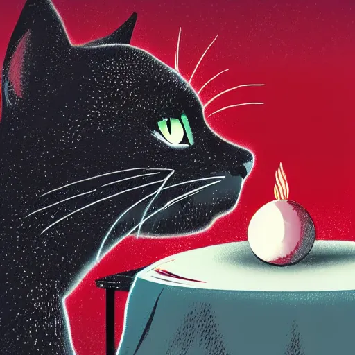 Image similar to black cat with one good eye sits atop a crystal ball on a table with red table cloth in dark room with lightning in windows, rain, digital illustration, studio ghibli