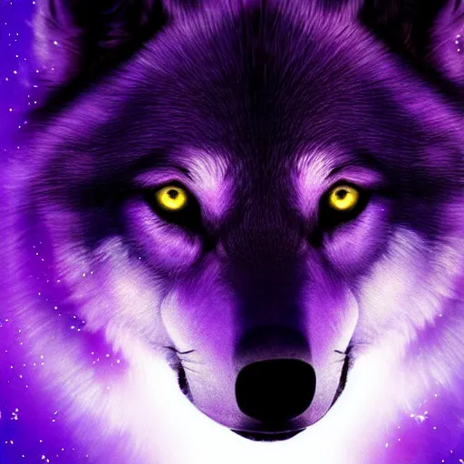 Prompt: of a fantasy sky of purple and blue a wolves face is the whole of sky with 5 0 % opacity and there are stars and galaxy ’ s and his eyes are piercing digital art epic cinematic lighting detailed