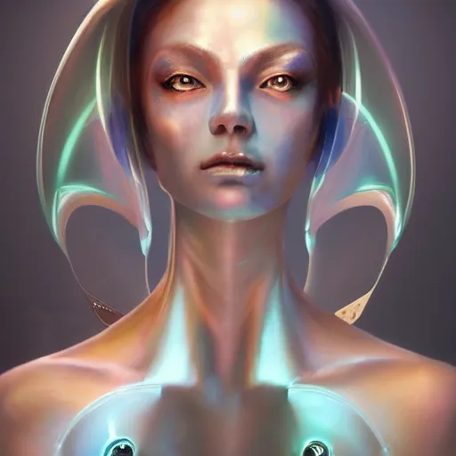 Image similar to masterpiece!!!! portrait of a futuristic android, science fiction, smooth technology, smooth body, fairy wings, intricate, headshot, highly detailed, digital painting, trending on artstation, concept art, sharp focus, cinematic lighting, illustration, art by masamune shirow , vivid colors, warm glows, particles, cgsociety