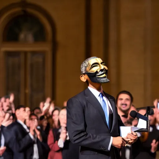 Prompt: man wearing guy fawkes mask accepting award from obama in university hall, photo, cinematic lighting