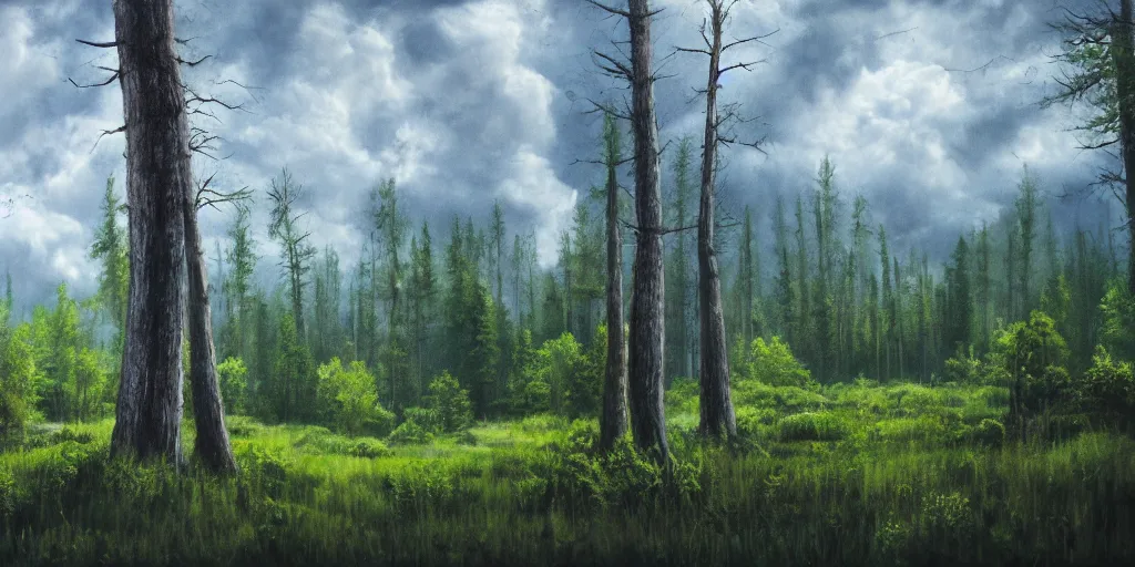 Image similar to Forest in the style of Roch Andreas, cinematic, 4k ,35mm, photorealism, clouds, painting