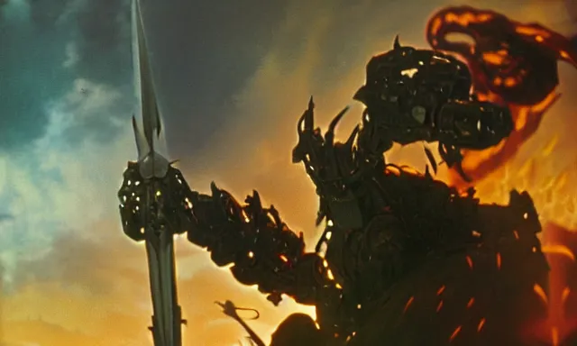 Image similar to gandalf with large mecha arm battling the balrog 3 5 mm photograph