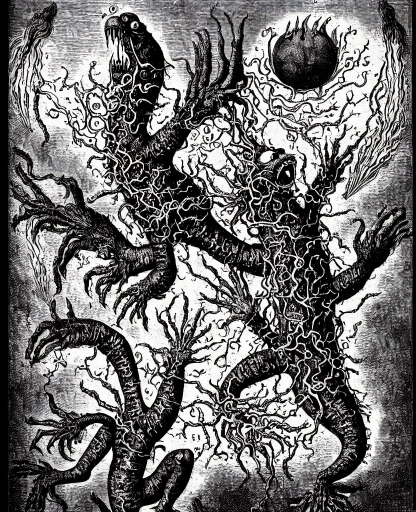 Image similar to fiery freaky whimsical monster creature sings a unique canto about'as above so below'being ignited by the spirit of haeckel and robert fludd, breakthrough is iminent, glory be to the magic within