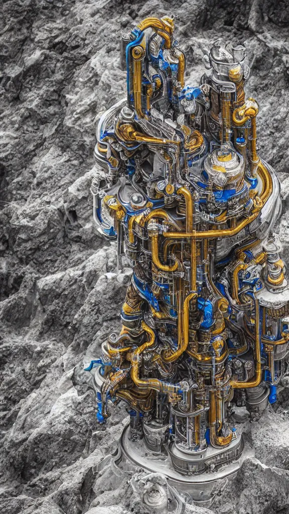 Image similar to ultra realistic macro photography of the giant psychedelic magical machine embedded within the mountain, sedimentary rock and marble, industrial machinery, pistons, pipes and valves, super conducters, reactor circuits. 8k Isometric geology photography