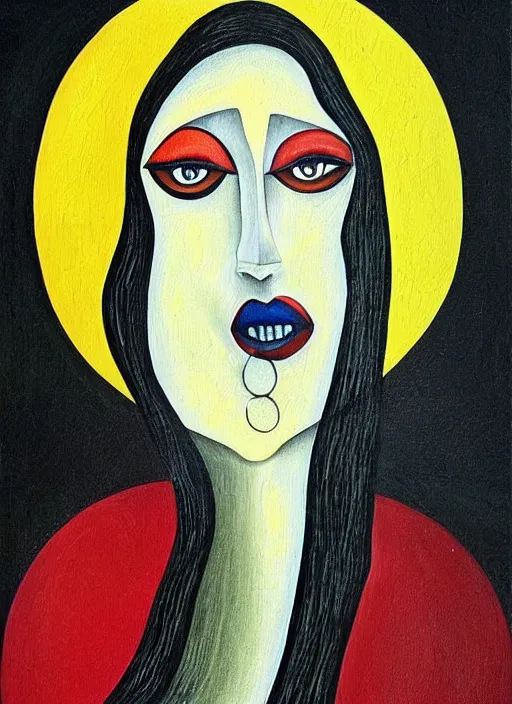 Image similar to surrealism, abstract, a dark witch in front of the full big moon, painting by agam yaacov, gertrude