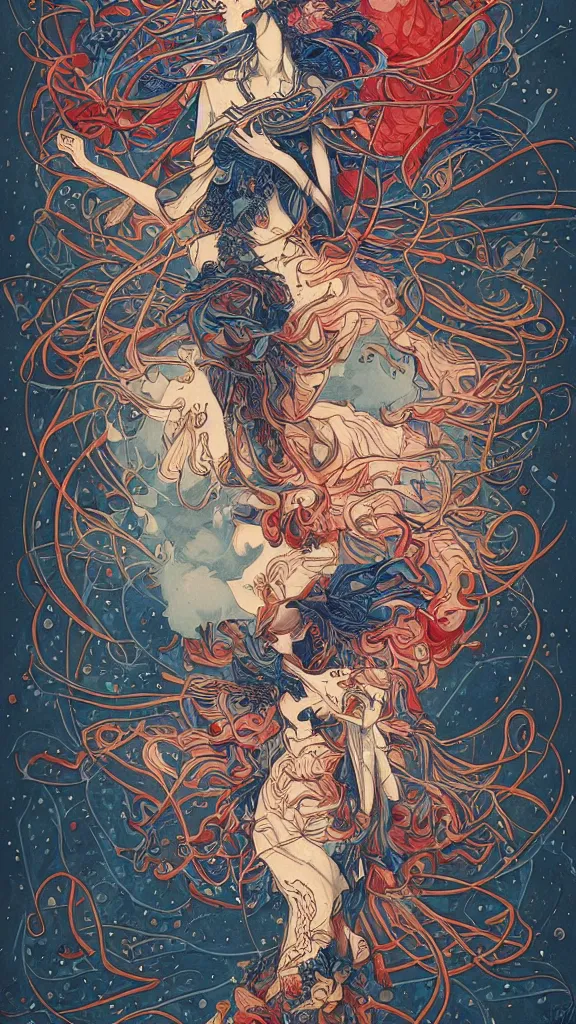 Image similar to french cannabis world, trychome crystals, ethereal atmosphere la liberté guidant le peuple, detailed linework, red white and blue colours, cinematic, psychedelic, black paper, ornate, tarot card, highly detailed, ink illustration, style of peter mohrbacher, golden ratio, 8k