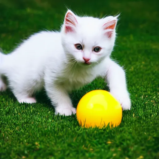 Prompt: a photograph of a white kitten playing with a ball at a park in the park with a ball at a park