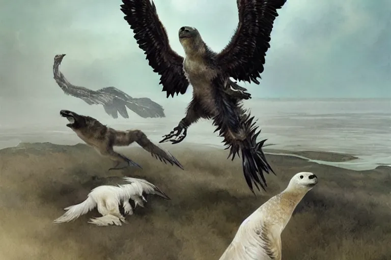 Prompt: a pack of feathered velociraptors hunting a baby harp seal at dawn, ominous intent, water color, art by artgerm and greg rutkowski and alphonse mucha and jin xiaodi and anthony devine